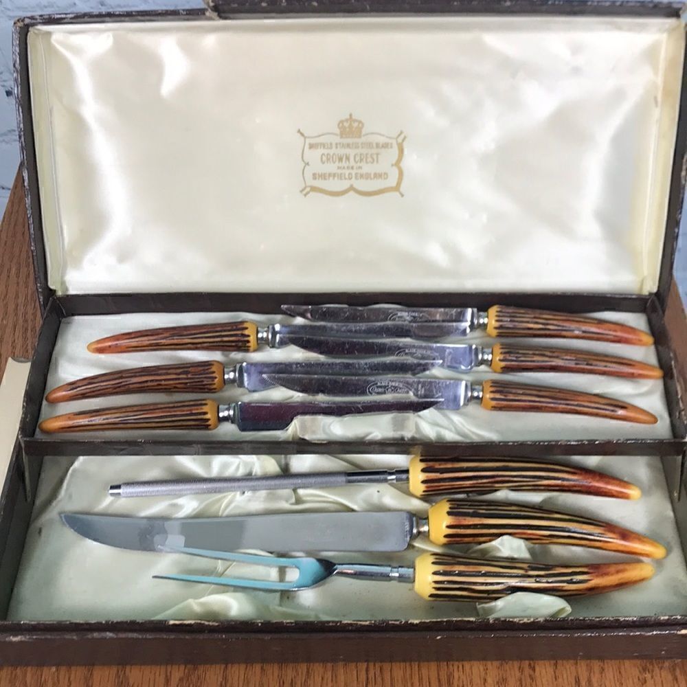 VTG SHEFFIELD Faux Antler Crown Crest 9 Piece Stainless Steel Blades+Case